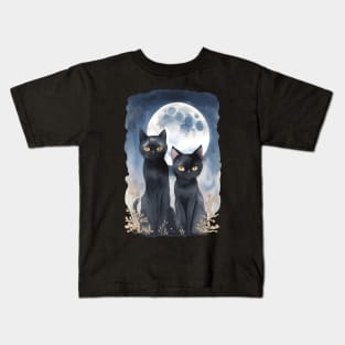 Mysterious black cats under full moon in dark atmosphere, watercolor style Kids T-Shirt